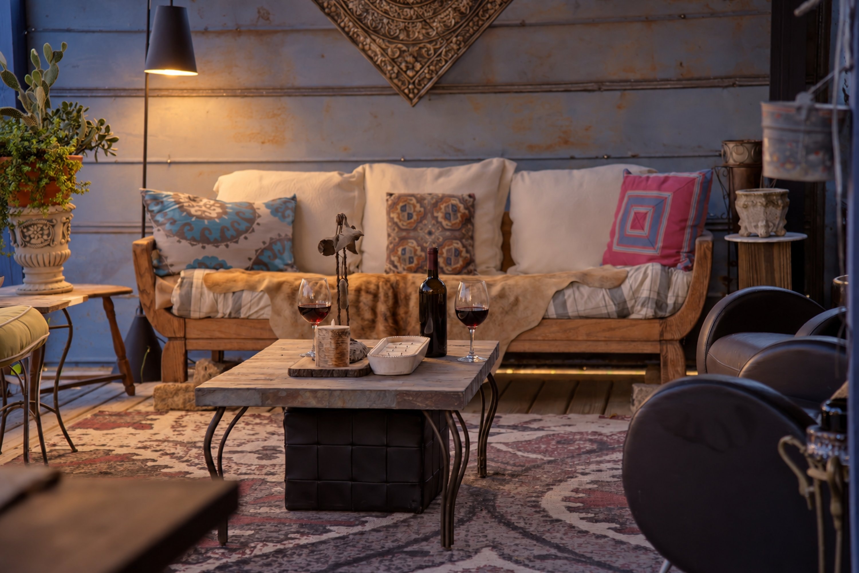 Cozy lounge with wine and warm lighting
